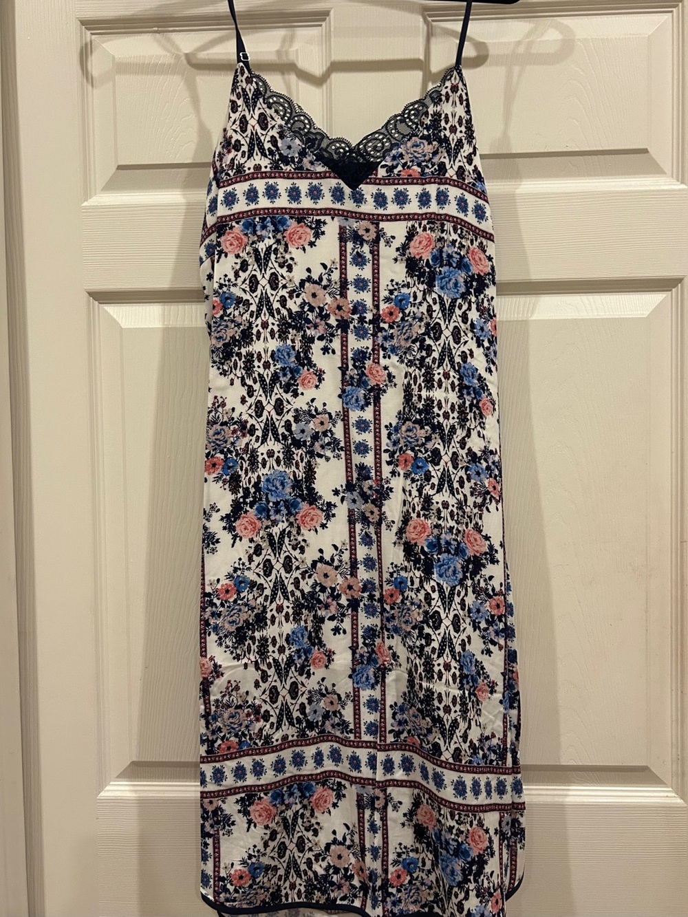 Mystree Floral Lace-Trim Slip Dress in White with Blue & Pink Flowers